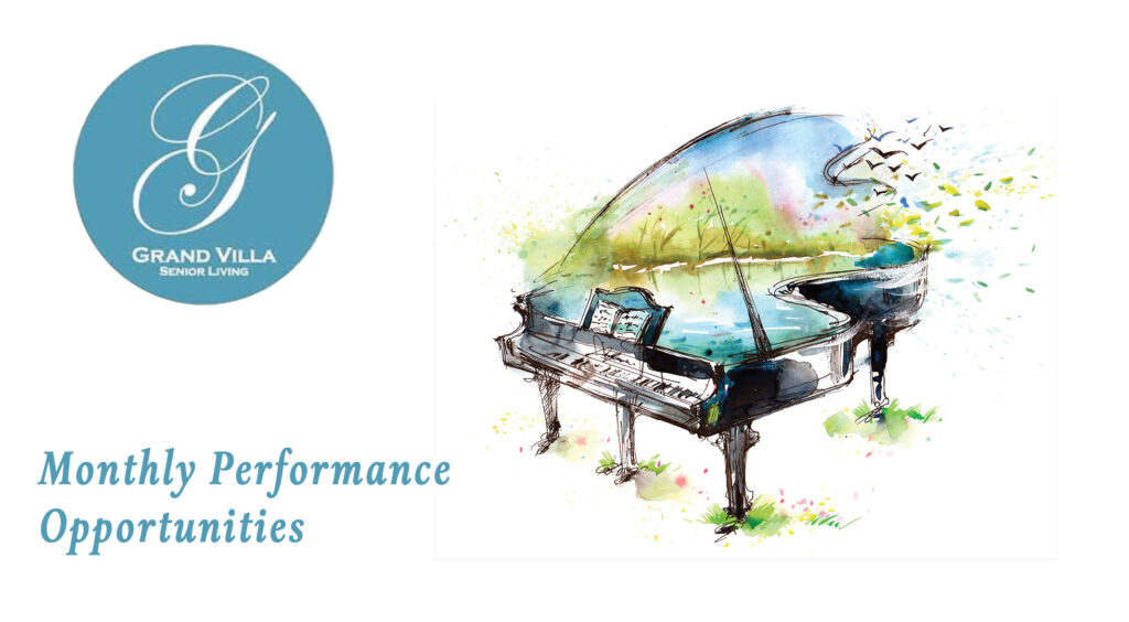 Grand Villa Senior Living logo and painted grand piano with marsh landscape for monthly performances presented by Planet e Studios