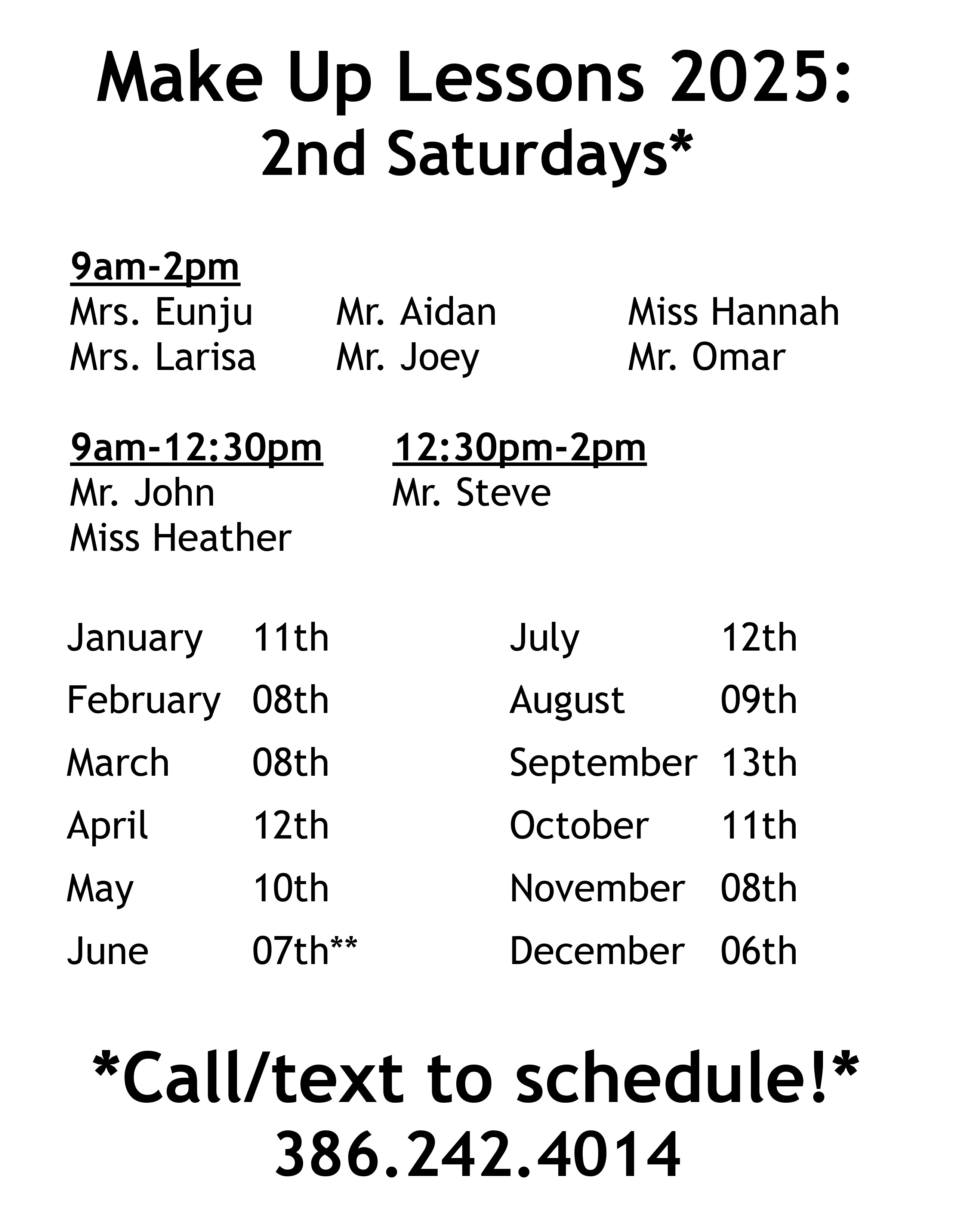 Make Up Lessons Schedule 2025 showcasing teachers' availability and monthly dates.