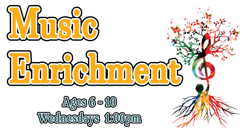 Music Enrichment group class graphic featuring treble clef tree design.