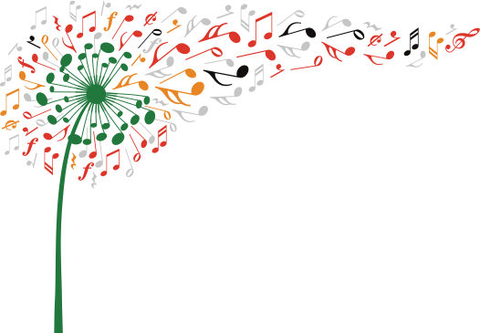 Musical dandelion clock graphic with blowing notes, rests, and clefs.