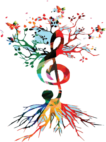 Tree graphic with treble clef trunk and exposed roots.
