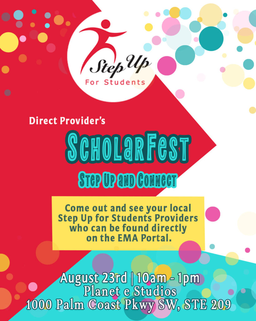 Scholarfest event graphic for promoting Step Up Direct Providers to homeschool groups who receive the scholarship.