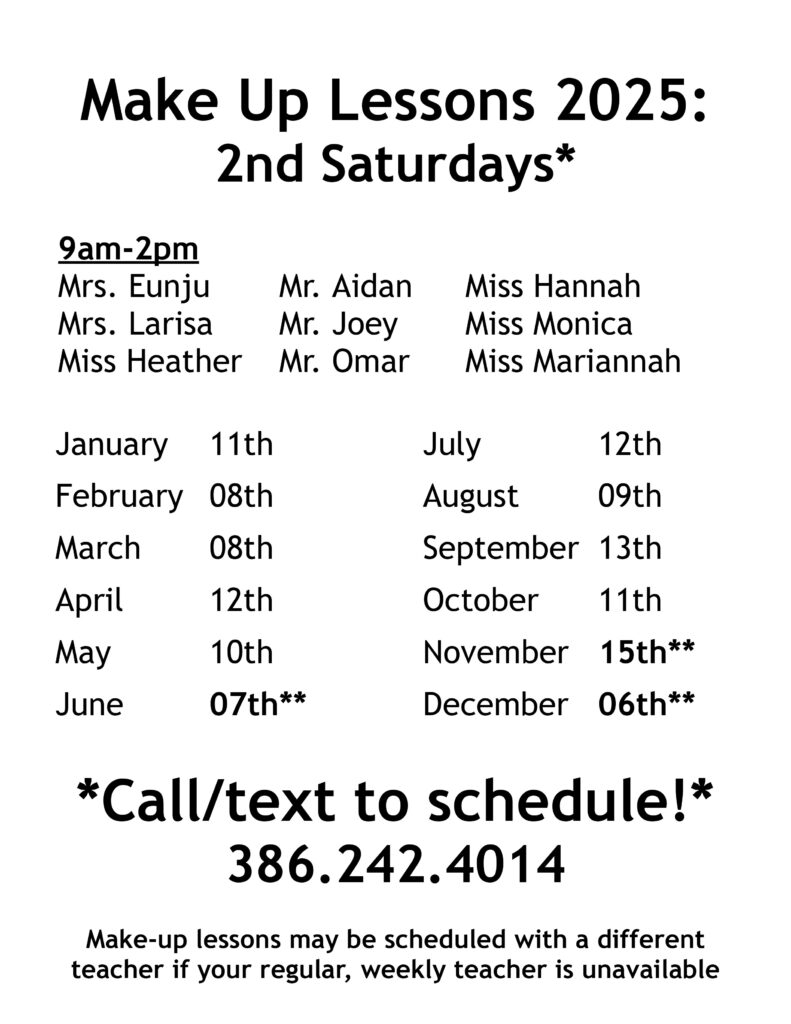 Make Up Lessons Schedule 2025 showcasing teachers' availability and monthly dates.
